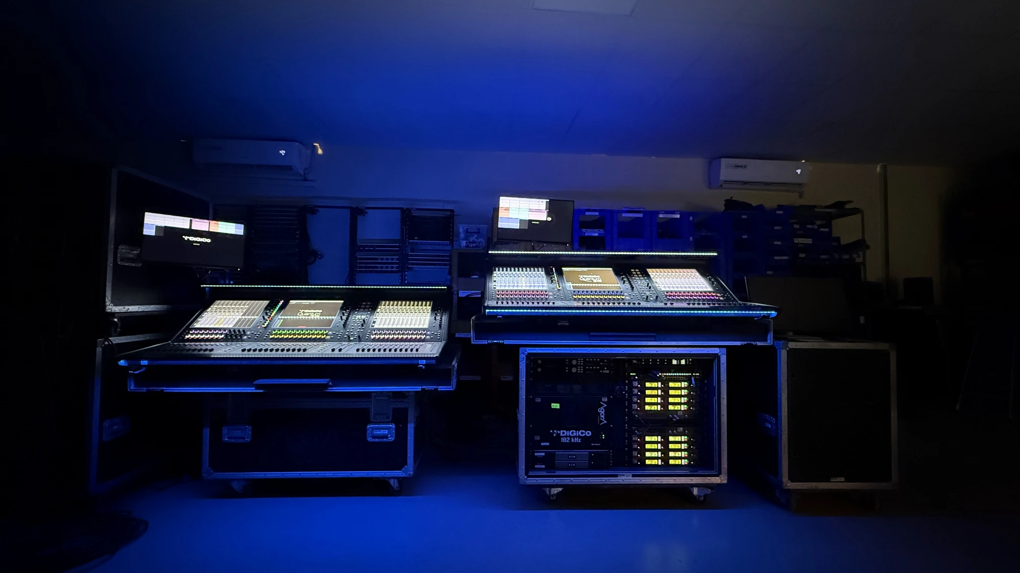 Control room — DiGiCo SD & Quantum racks, show programming